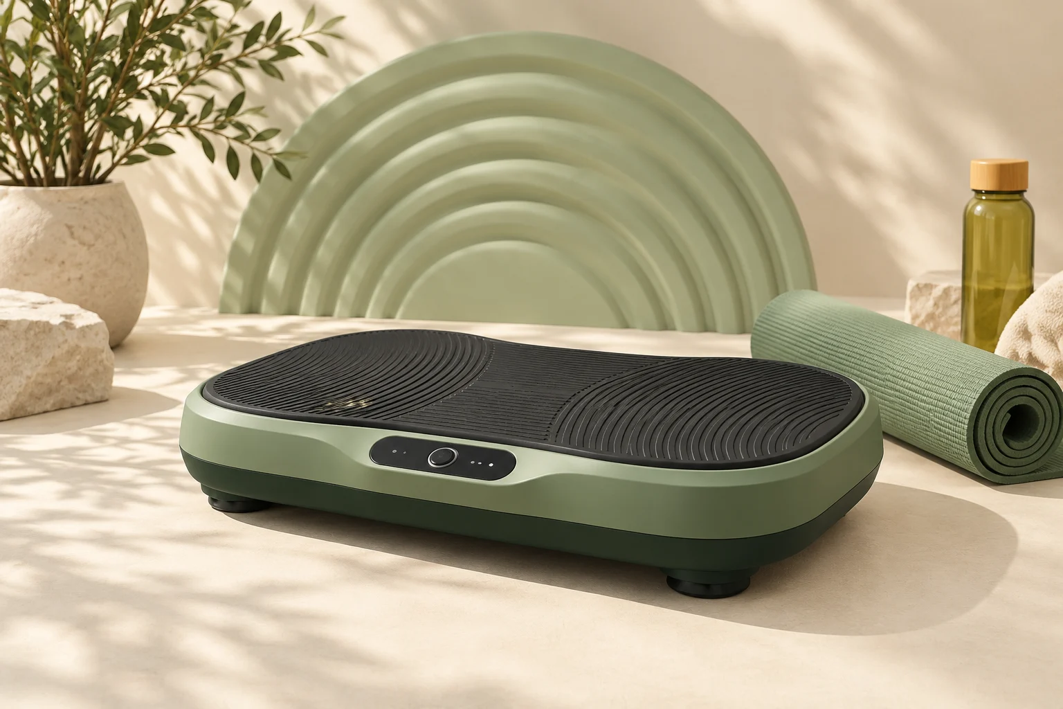 Editorial illustration of a compact vibration plate in a calm home exercise setting